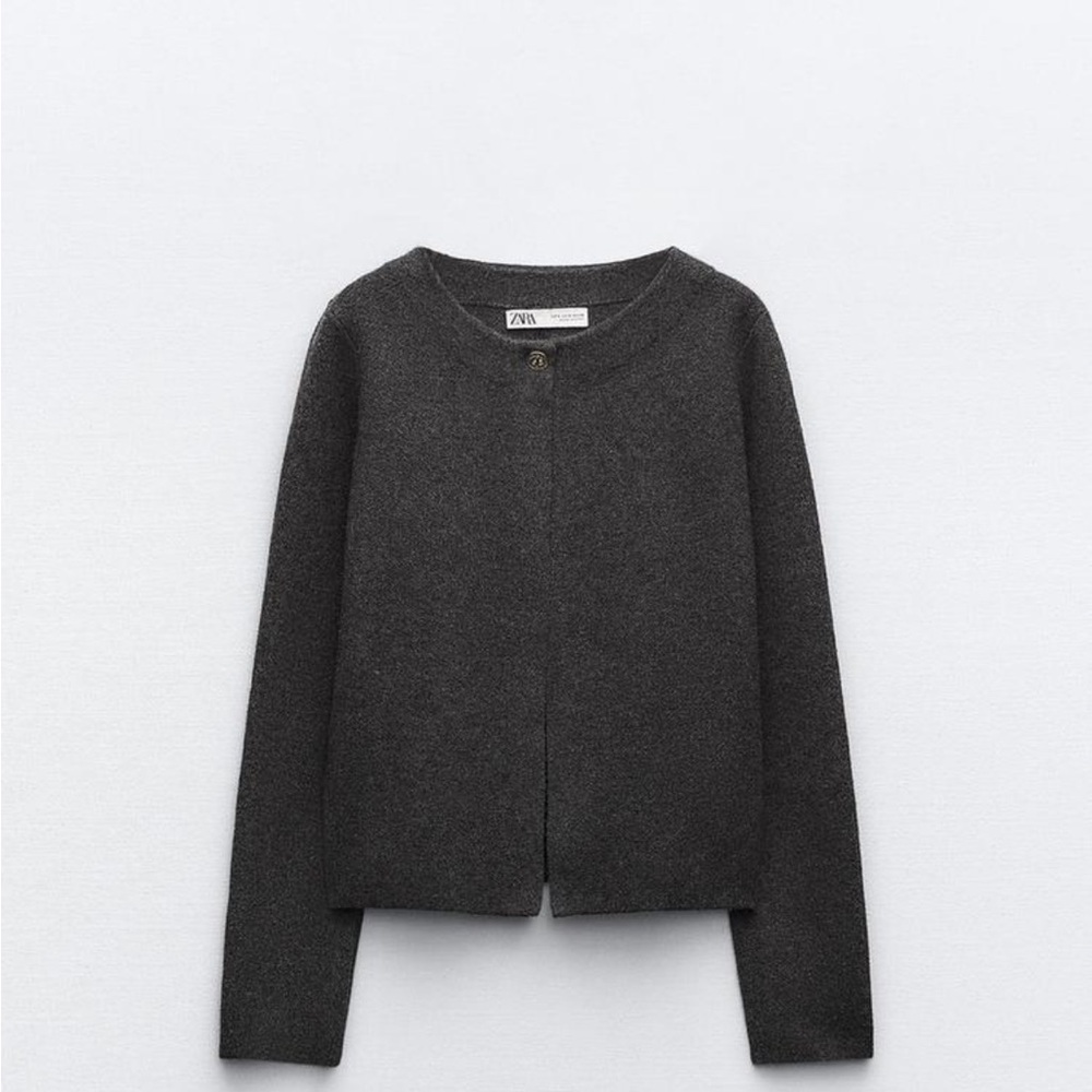 Grey zara cardigan with gold button closure.